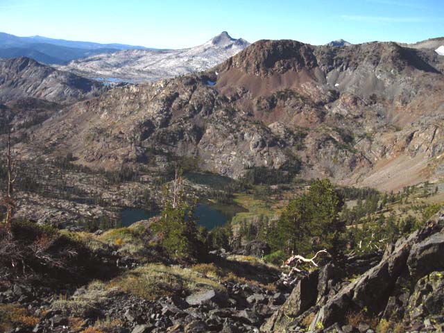 Half Moon Lake and Alta Morris Lake with Jacks and Pyramid Peaks in background.